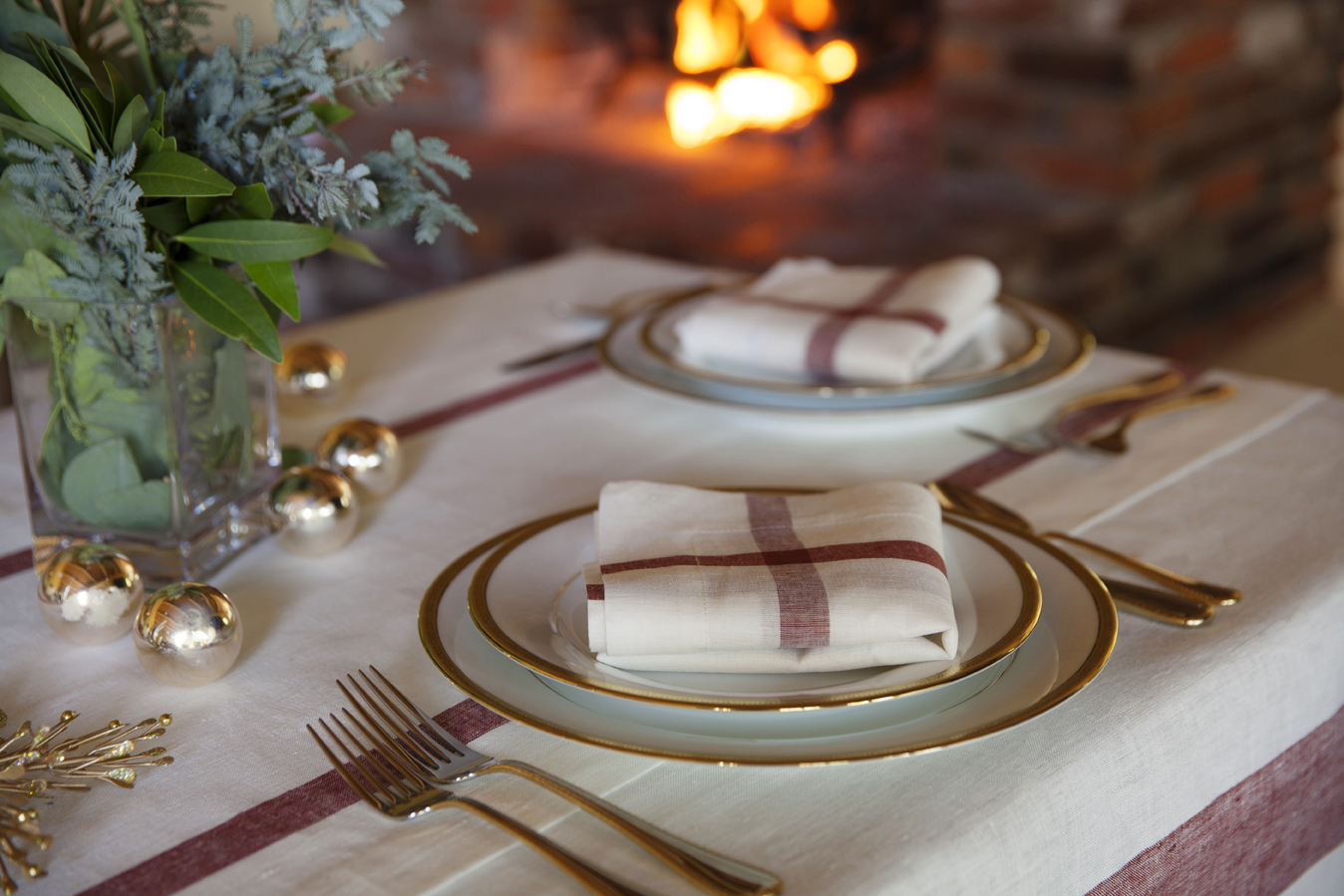 Place setting at a table around christmas