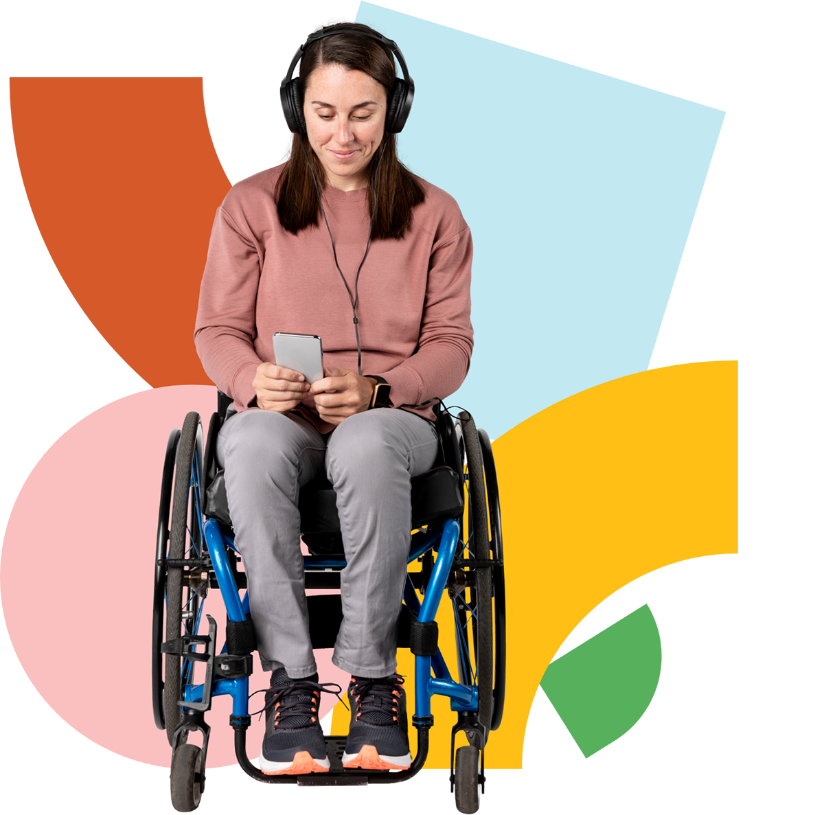 A collage of a woman wearing headphones, using a smartphone and sitting in a wheelchair
