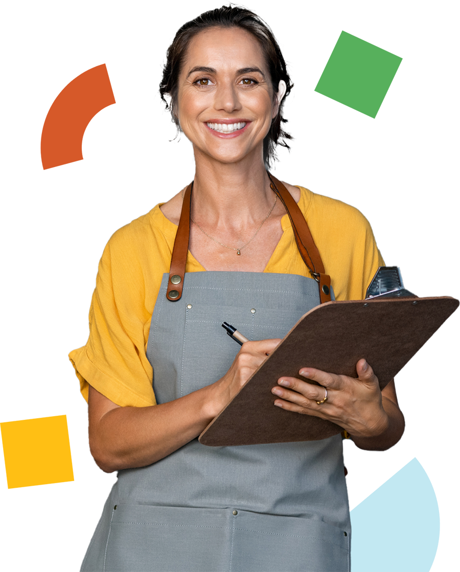 A collage depicting a woman with a checklist in a work apron