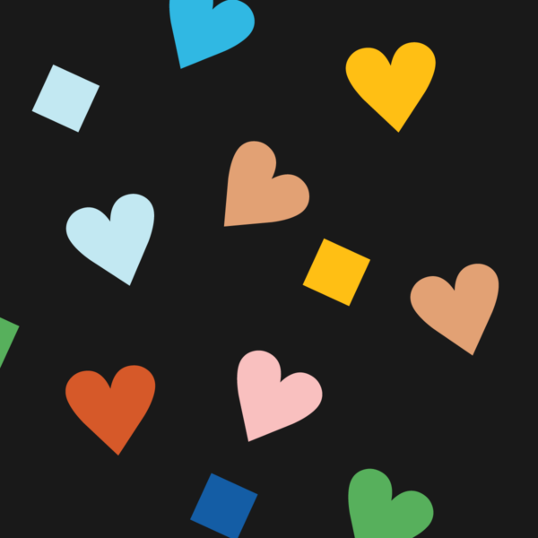 Illustration of colorful falling confetti and hearts on a black background