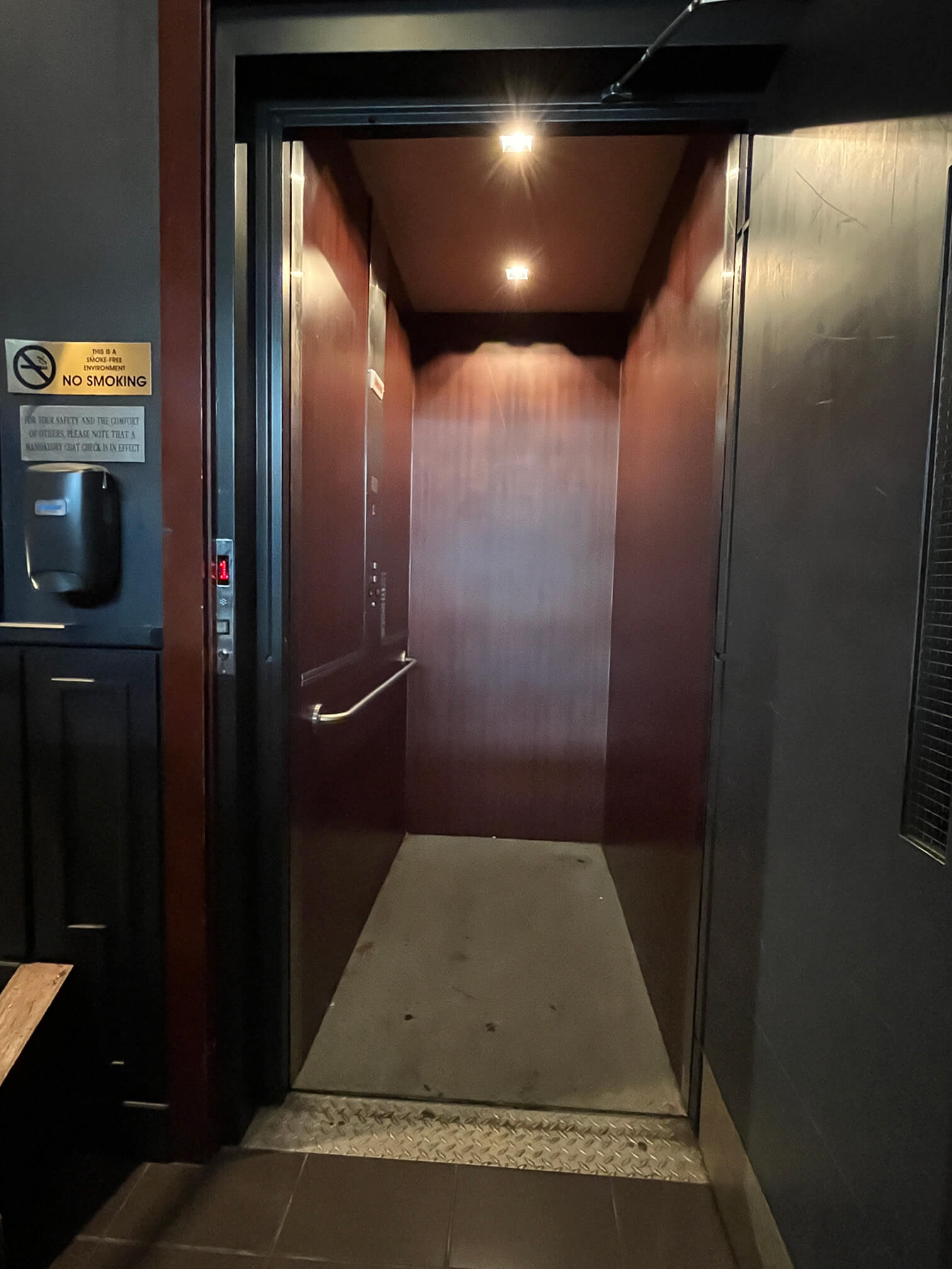 Interior view of the platform lift on the first floor of the Commodore Ballroom.