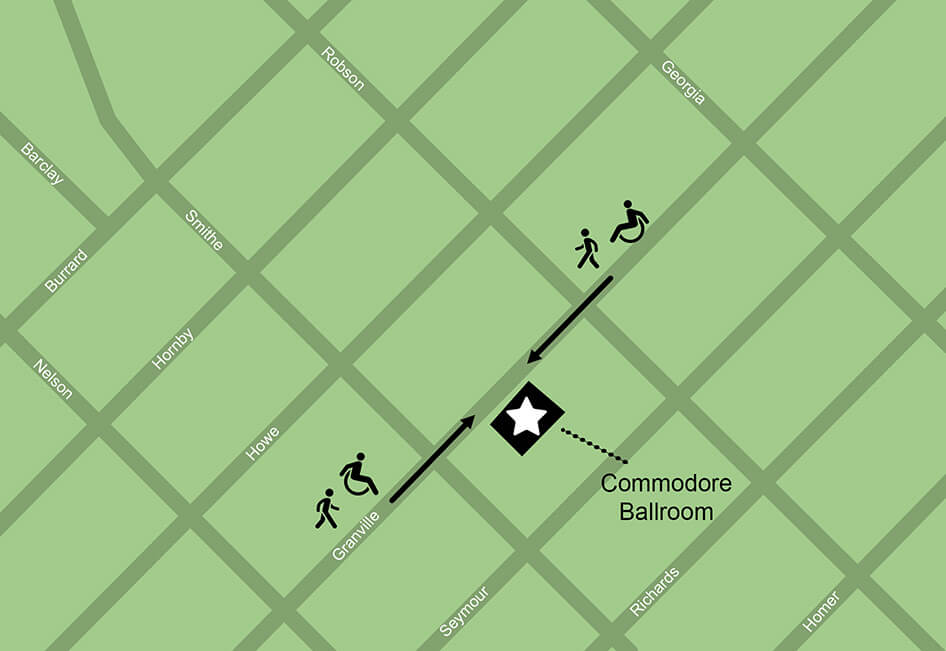 Map of the walking and wheelchair routes to the Commodore Ballroom.