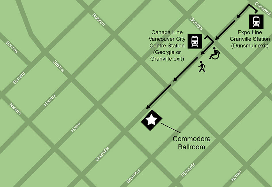 Map of the public transportation routes to the Commodore Ballroom.