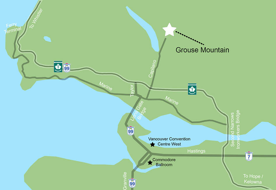 Map with the location of Grouse Mountain, in relation to the Vancouver area and the other two venues of the Champions Retreat.
