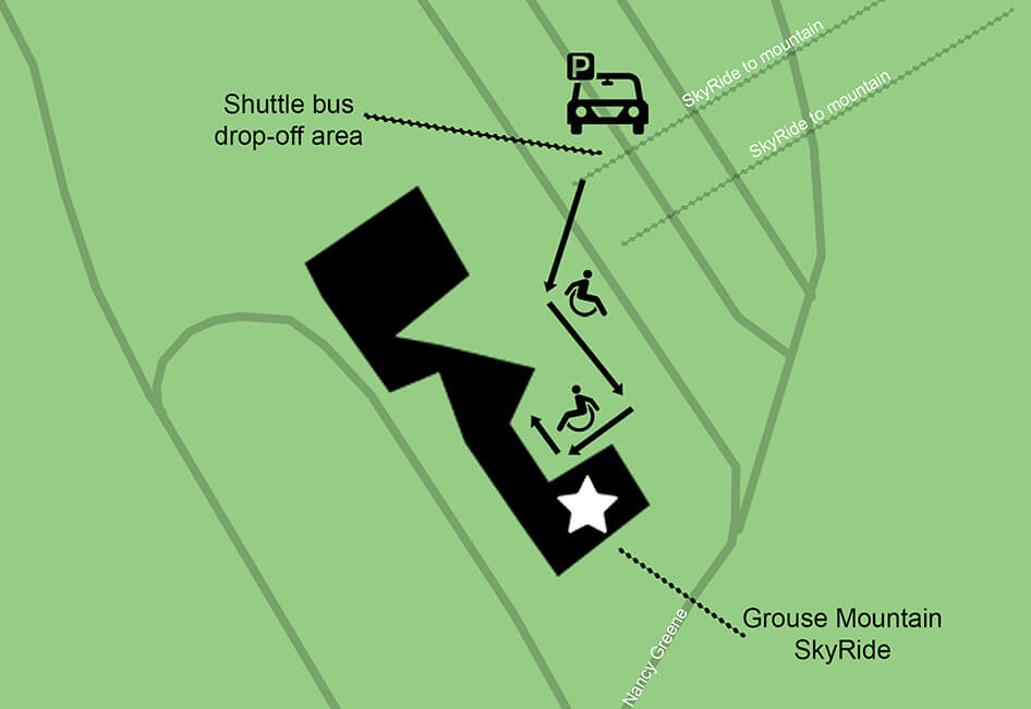 Map of the step-free entrance to the SkyRide, from the shuttle bus drop-off area.