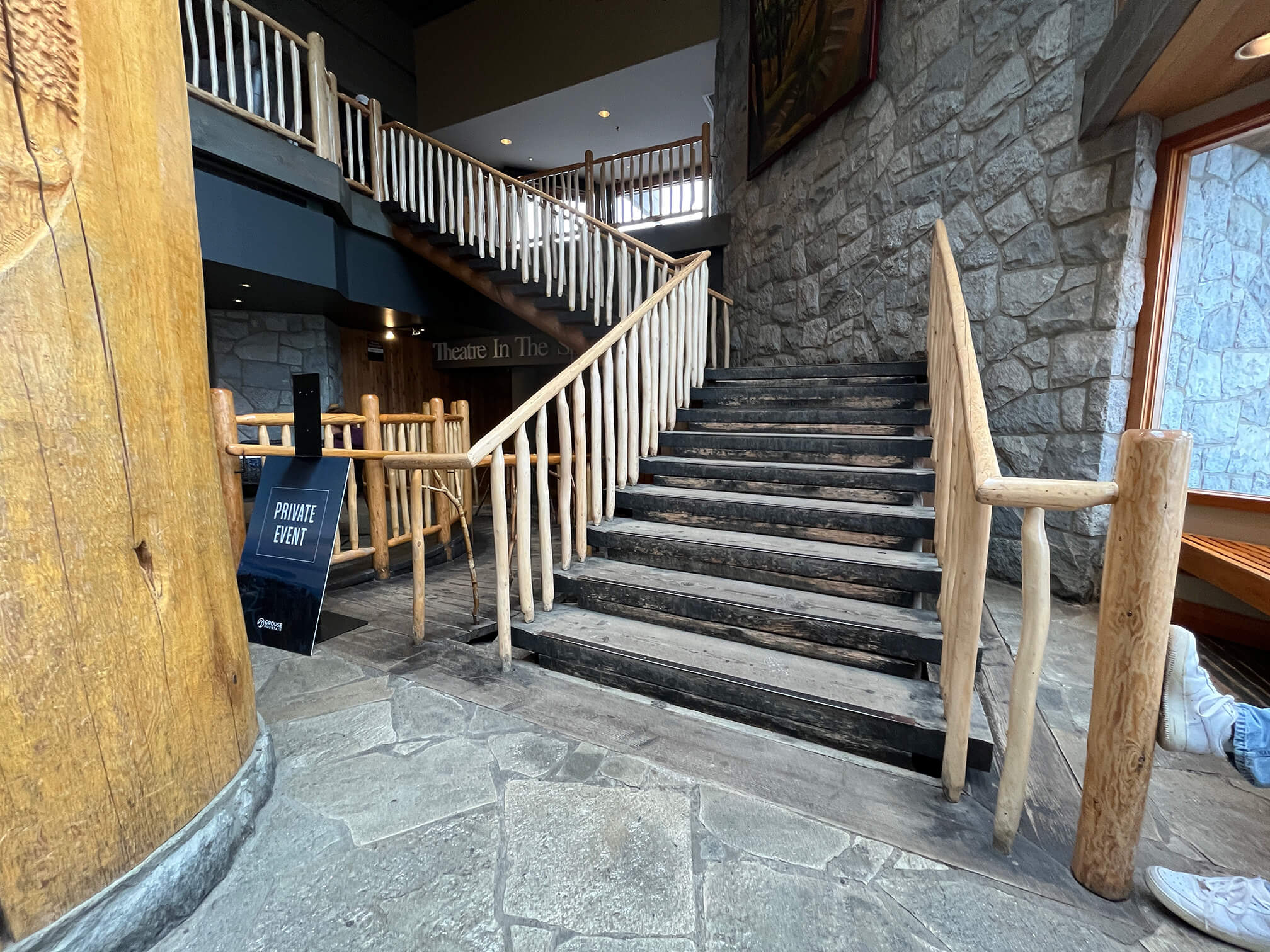 View of the stairs of the lodge, from the bottom.