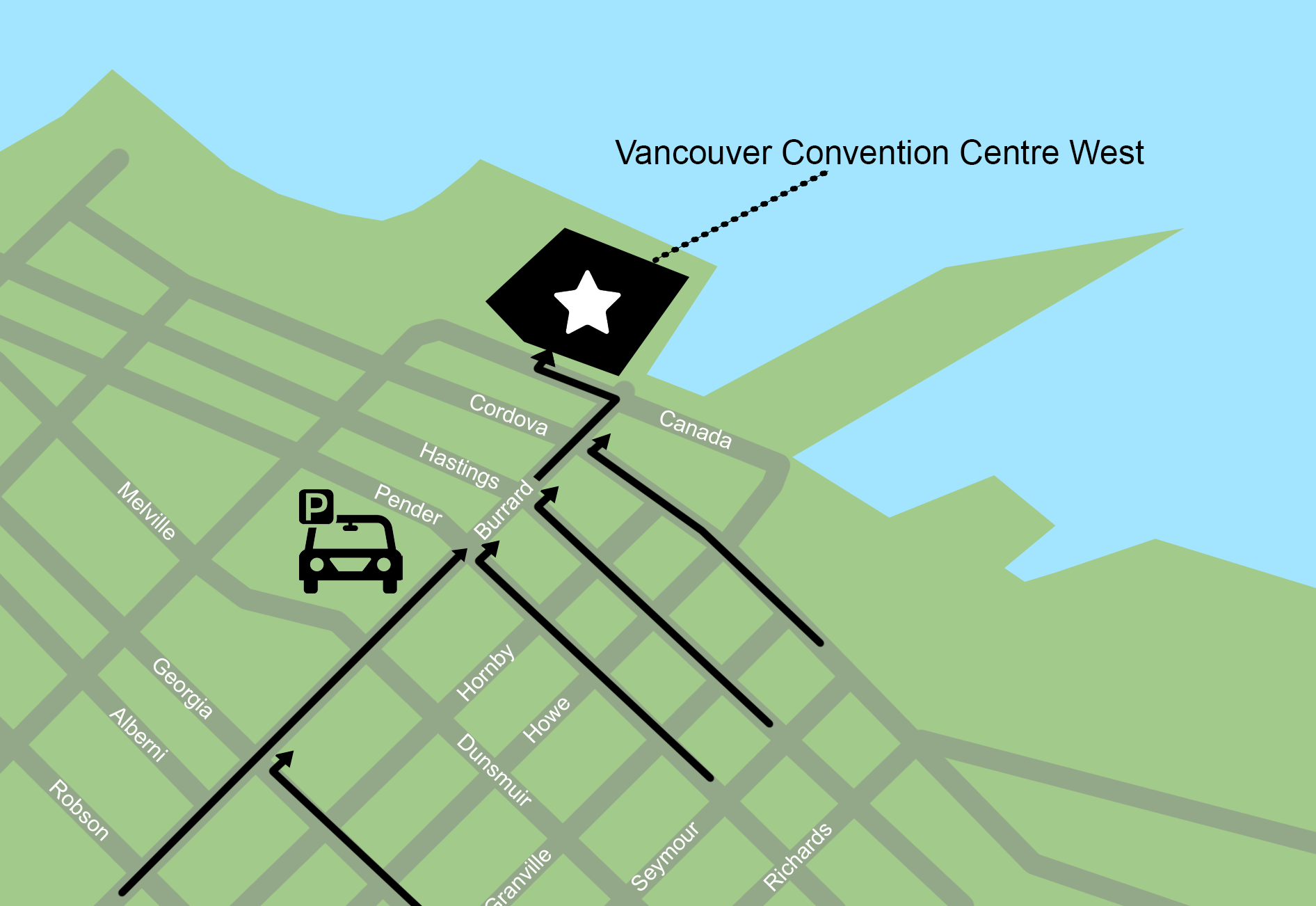 Map of parking suggestions to Vancouver Convention Centre West.