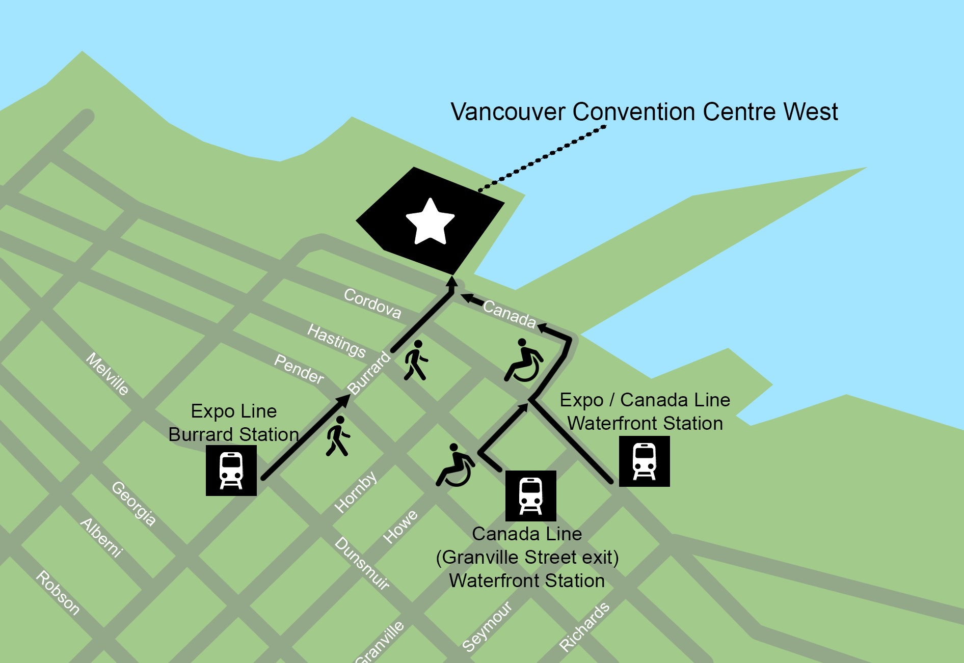 Map of public transport suggestions to Vancouver Convention Centre West.