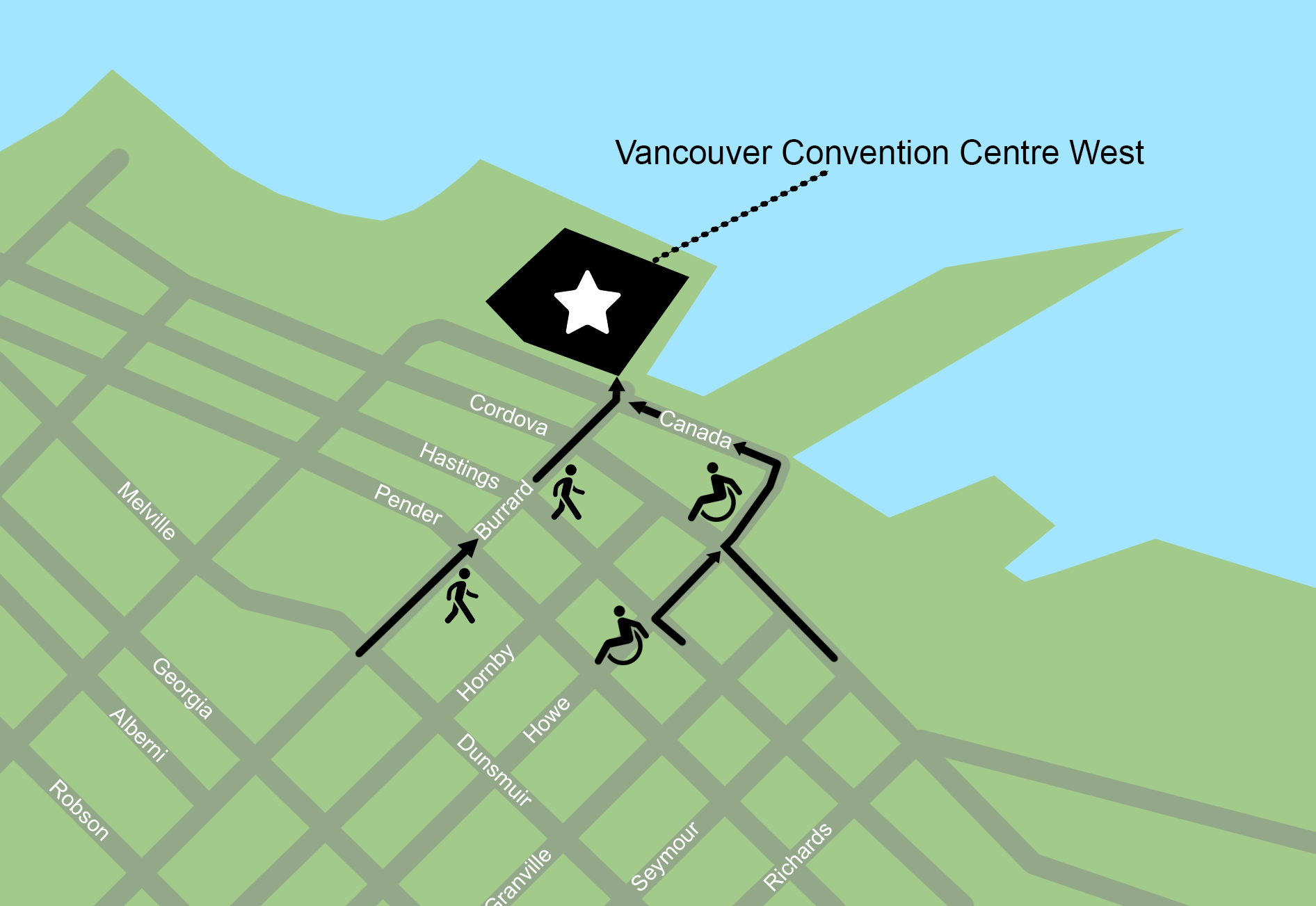Map of the walking and wheelchair routes to Vancouver Convention Centre West.