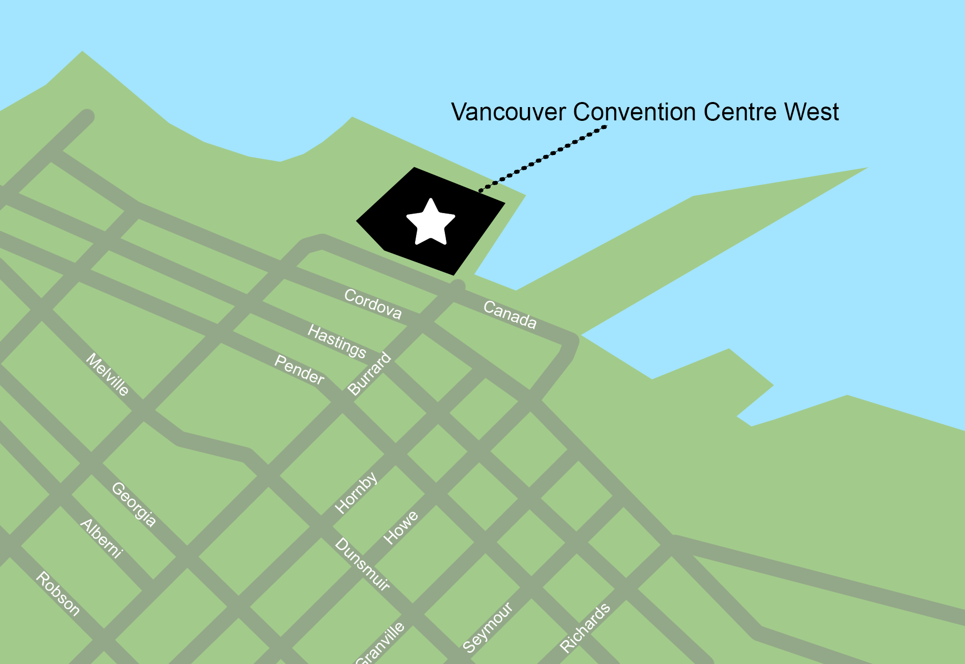Map of the Vancouver Convention Centre West in downtown Vancouver.