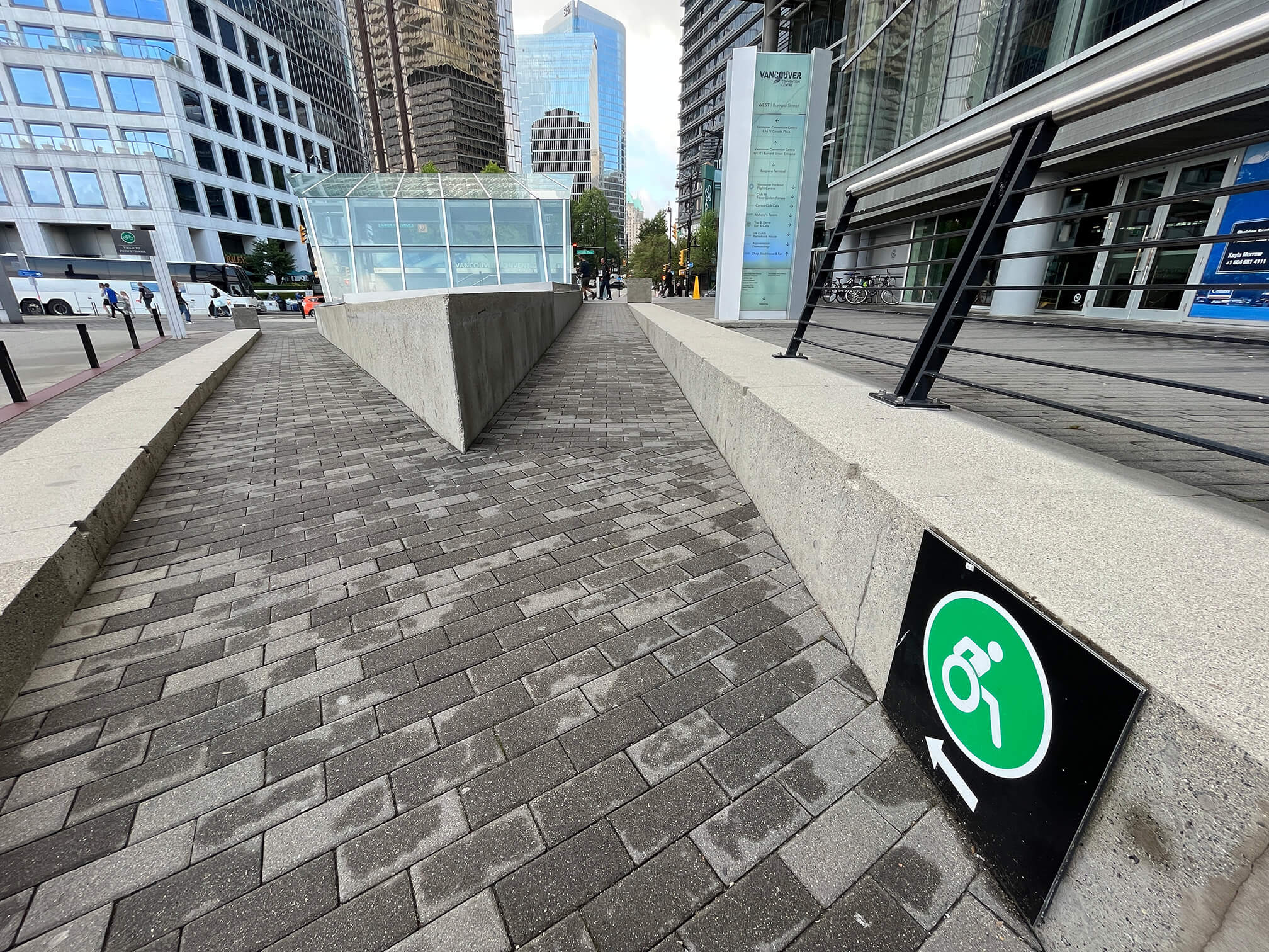 Photograph of a landing of the ramp leading to the entrance of Vancouver Convention Centre West.