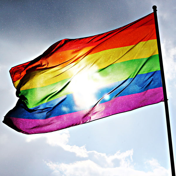 Rainbow flag with the sun behind it