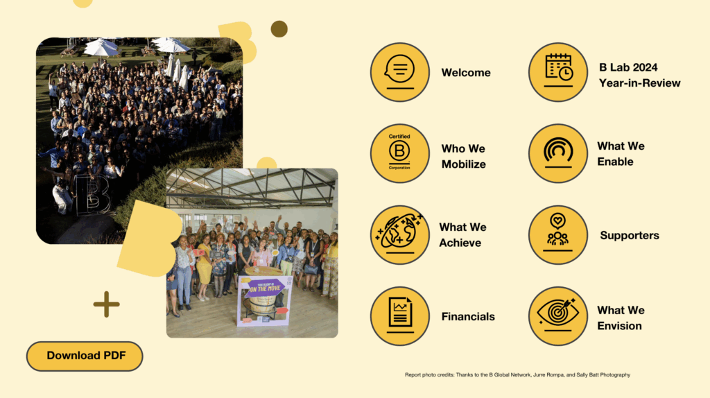 B Lab Annual Report Image with icons and two groups of b corps