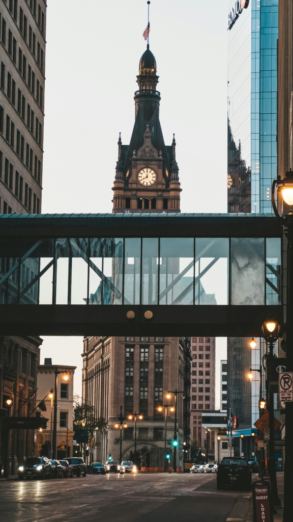 Milwaukee's City Hall looms majestically in a photograph taken from N Water Street.