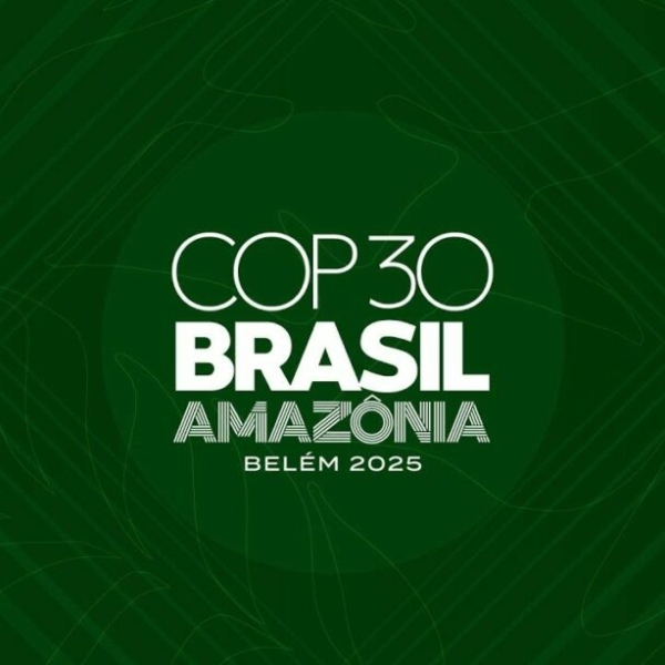 COP30 Brazsil Amazônia Belem 2025 on a green background with geometrical shapes surrounding the words
