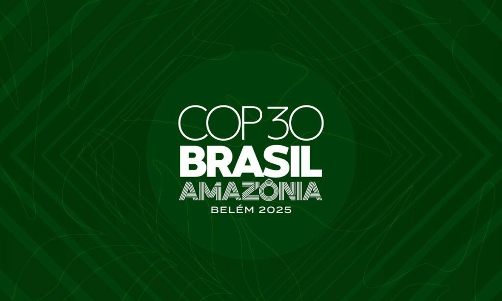COP30 Brazsil Amazônia Belem 2025 on a green background with geometrical shapes surrounding the words